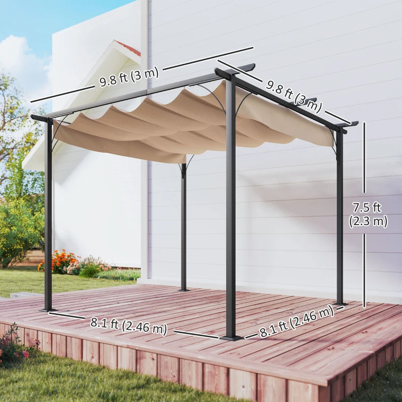 Beige retractable-canopy metal garden pergola with four corner posts and crossbars