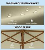 Cream canopy on wooden frame market umbrella with stable, cross-braced ribs