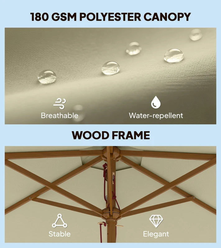 2.5m Wood Garden Parasol Sun Shade Patio Outdoor Wooden Umbrella Canopy, Table Market Umbrella with Vent, 38mm Pole, Rope Pulley Mechanism, Cream White