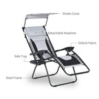 Grey zero-gravity lounge chair with shade cover, detachable headrest, and side tray