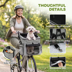 Light grey dog bike basket with ventilation mesh window and adjustable shoulder strap