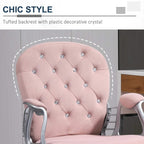 Pink velvet chair back with tufting and rhinestone buttons, chrome armrests