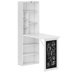 White fold-out work desk with open shelving and black chalkboard storage panel