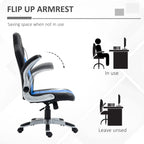 Gaming chair with flip-up armrests shown in open and folded positions