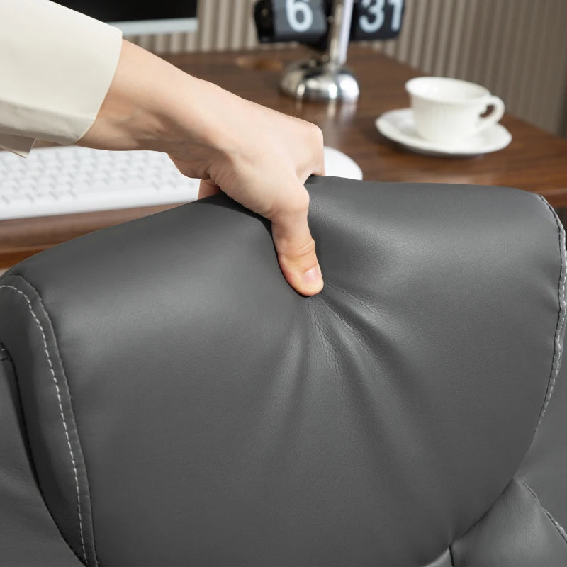 Charcoal grey padded backrest and armrest cushion on a faux leather office chair