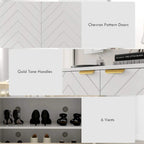 White shoe storage cabinet with chevron doors, gold-tone handles, and 6 ventilation vents