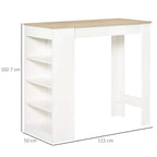 Bar table in white with natural wood top and side 4-tier shelving; includes size view.
