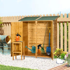 Fir wood garden shed with side storage shelf and green asphalt roof