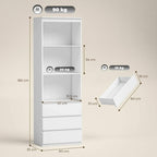 White tall bookcase with open shelves and drawers, shown with size measurements.