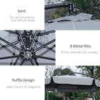Dark grey vented banana umbrella canopy with ruffled edge and metal rib frame