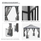 Light grey gazebo with moon-shaped curtain openings and powder-coated metal frame