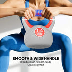 14 kg kettlebell with smooth wide red handle and grey body, front label visible.