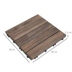 Square interlocking wood decking tile with raised slats and corner connector tabs