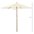 White patio umbrella with wood pole, open canopy, and hanging pull cord