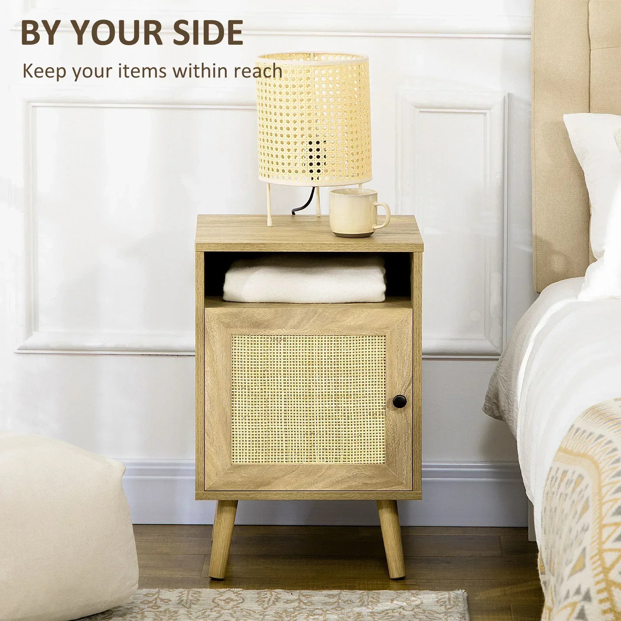 Bedside Table with Rattan Element, Side End Table with Shelf and Cupboard, 39cmx35cmx60cm, Natural - Bobobiy