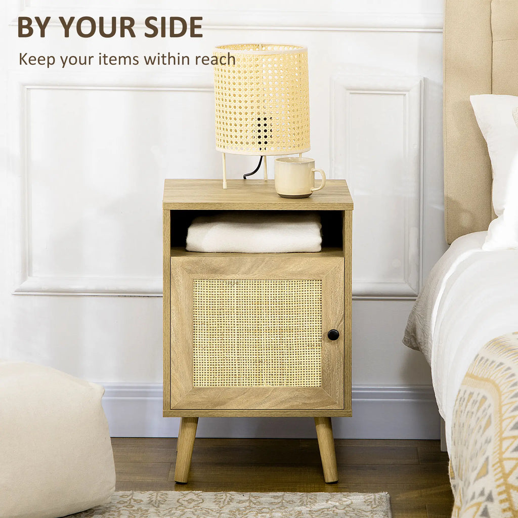 Homcom Bedside Table with Rattan Element, Side End Table with Shelf and Cupboard, 39cmx35cmx60cm, Natural