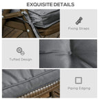 Grey tufted seat cushion with fixing straps, detailed stitching and piping edge