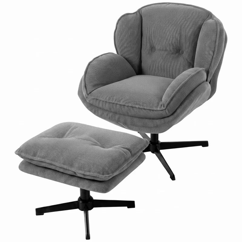 Grey upholstered accent armchair with adjustable footstool and thick padded seat