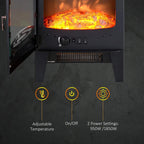 Black electric fireplace control panel and heating vent behind open front door