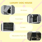 Grey wooden dog kennel with front door, side windows, and curtain feature