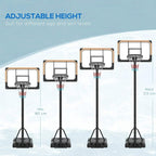 Black adjustable height basketball hoop stand with net, shown at different heights