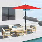 Red rectangular parasol umbrella with black central pole and open canopy