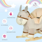 Grey plush donkey rocker with light-wood runners and safety strap on padded seat