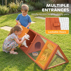 Orange wooden triangle hutch with lockable doors and mesh panel