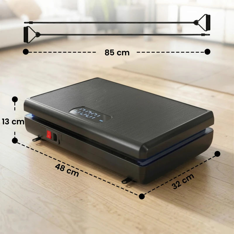 Black vibration platform with side control panel and four feet, shown with size guides