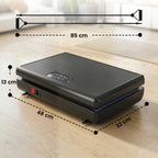 Black vibration platform with side control panel and four feet, shown with size guides