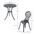 Black bistro table and chair dimensions view with ornate cutout seat and tabletop