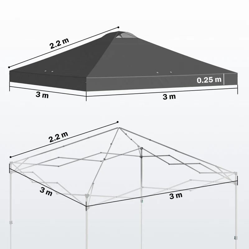 Dark grey gazebo roof cover with drainage holes, shown on square frame layout