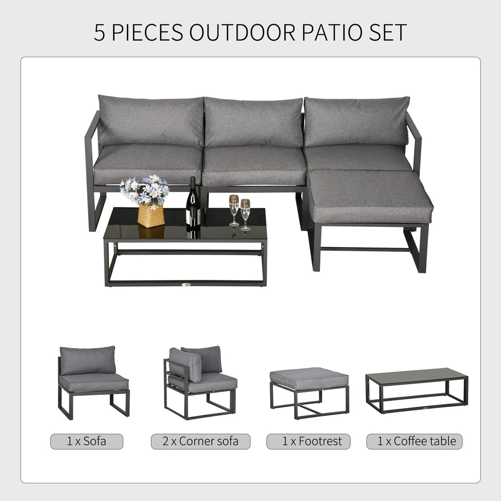 5 Pieces Outdoor Patio Furniture Set, Sofa Couch with Glass Coffee Table, Cushioned Chairs and Aluminum Tube, for Balcony Garden Backyard, Grey - Bobobiy