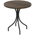 Round brown slatted garden table with black pedestal base and three curved legs.