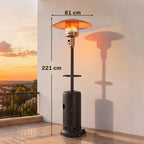 Tall brown gas patio heater with round table tray and glowing burner top