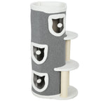 Gray cat tree with three enclosed barrel condos, sisal posts, and white trim platforms