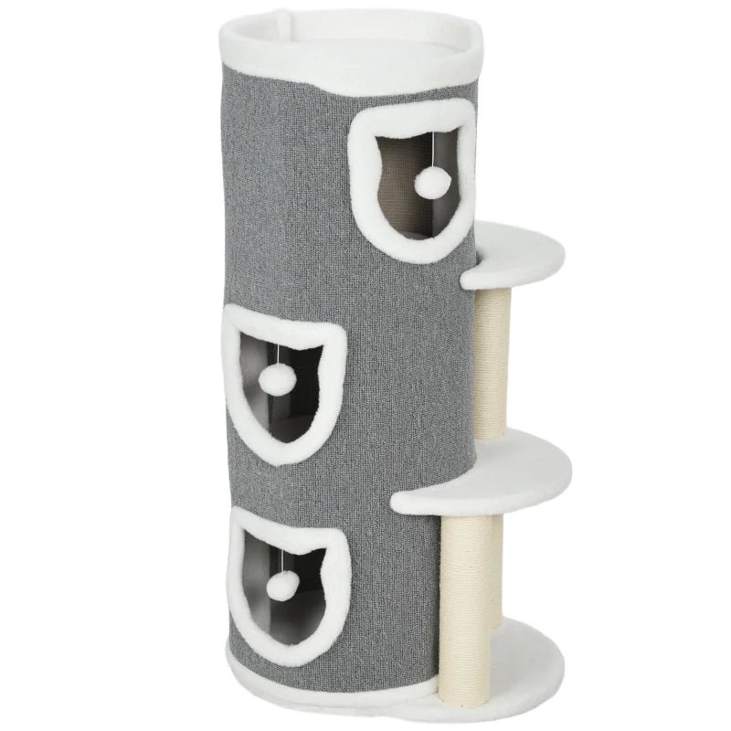 Gray cat tree with three enclosed barrel condos, sisal posts, and white trim platforms