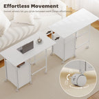 White foldable office desk with extendable top, caster wheels, and 3-drawer cabinet