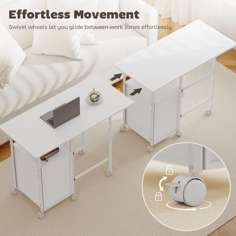 White foldable office desk with extendable top, caster wheels, and 3-drawer cabinet
