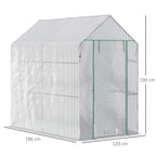 White walk-in greenhouse with roll-up zip door and arched polytunnel frame