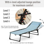 Baby blue folding sun lounger with 4-level adjustable recline lever and backrest angle