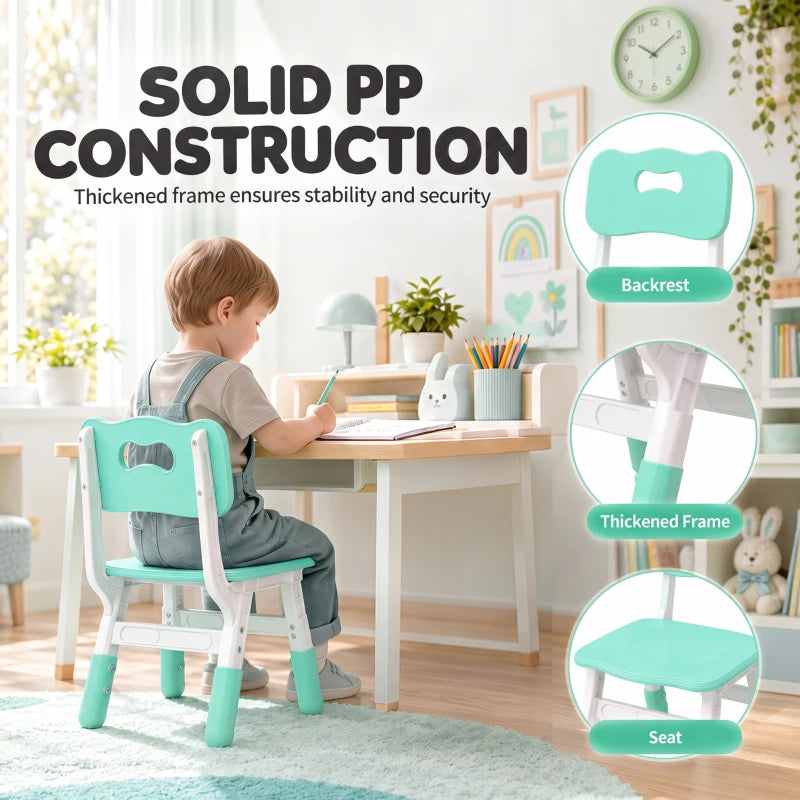 Green kids desk chair with backrest and thickened white frame, side view