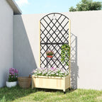 Outdoor raised planter with black trellis frame and flowering plants inside the wooden bed