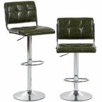Set of 2 green PU leather bar stools with backrests, chrome bases, adjustable height
