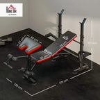 Multi-position weight bench with red-and-black pads and barbell rack stands