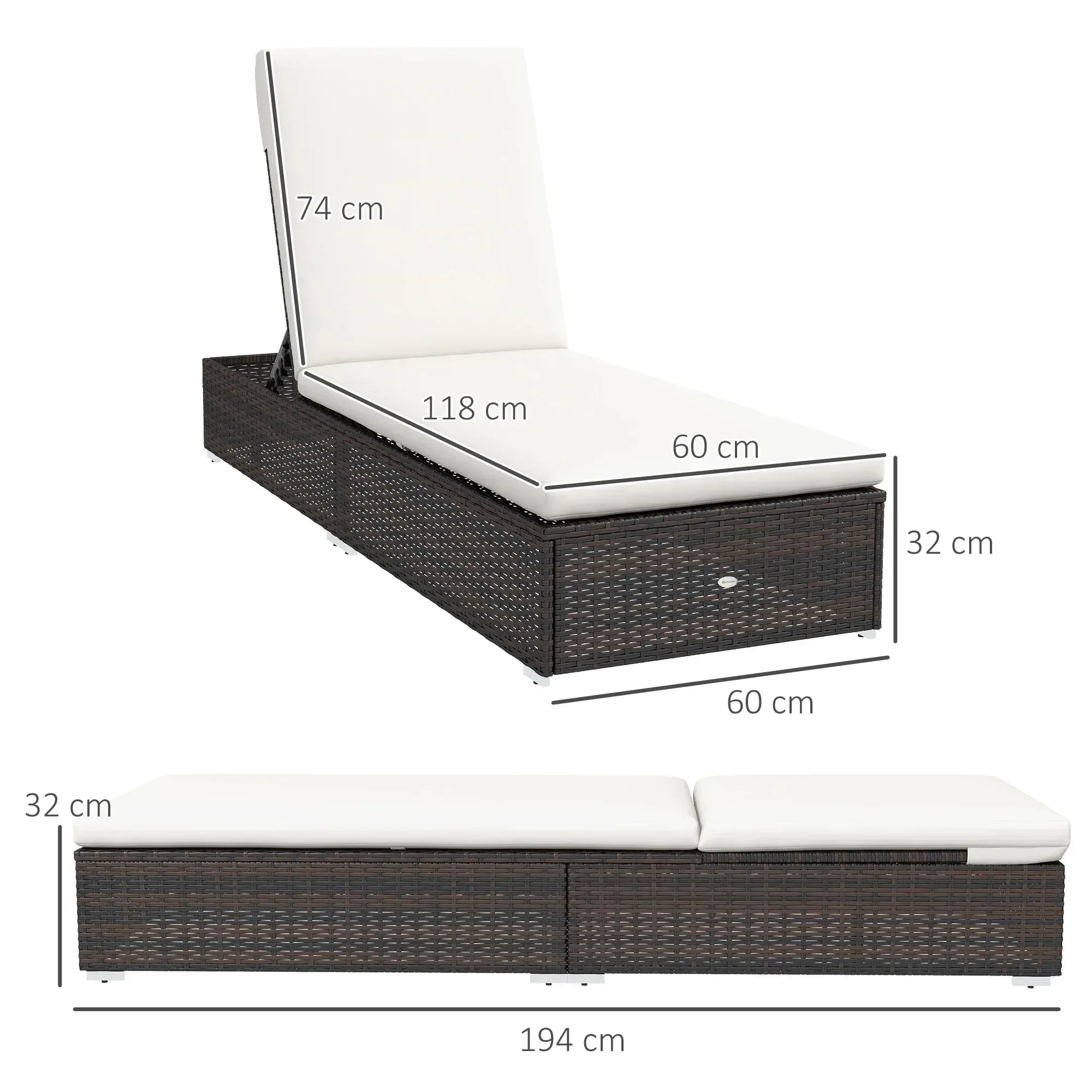 Set of Two Rattan Sun Loungers, with Reclining Backs - Brown/Cream - Bobobiy