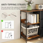 Black storage cabinet with anti-tip strap attachment and open shelves