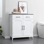White bathroom storage cabinet with 2 drawers and double doors, gray top and metal bar handles