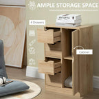 Light wood cabinet with open door revealing shelves and three pull-out drawers