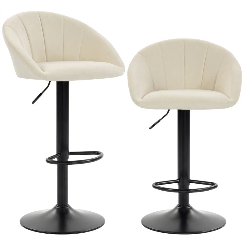 Cream upholstered counter stool with curved back and black pedestal base